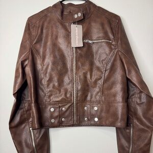 MISSGUIDED Women Brown Leather Motorcycle Jacket Classic Biker Zip Up
